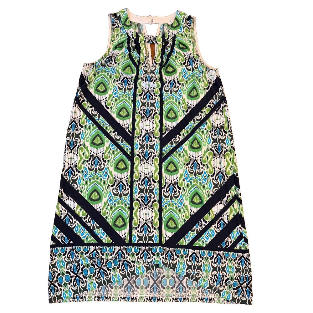 Wisp Dress Size 6 Green Blue Geometric Print Sleeveless Keyhole Shift Boho